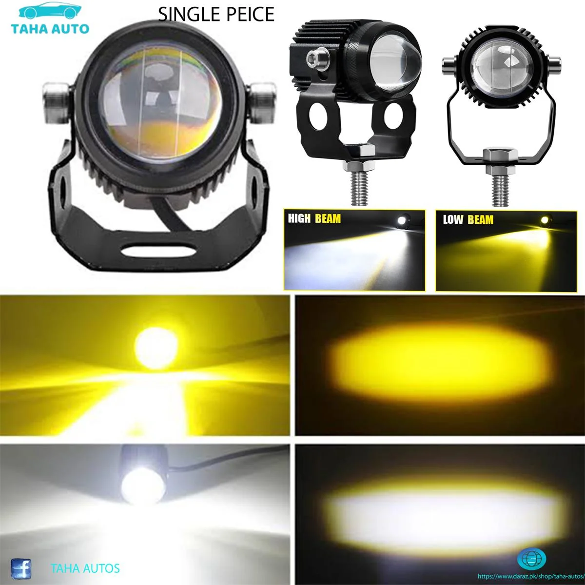 Mini Dual-Color LED Driving Fog Light – 20W White & Yellow Projector Lens | Universal Auxiliary Light for Motorcycles, Cars & Jeeps (1pc)