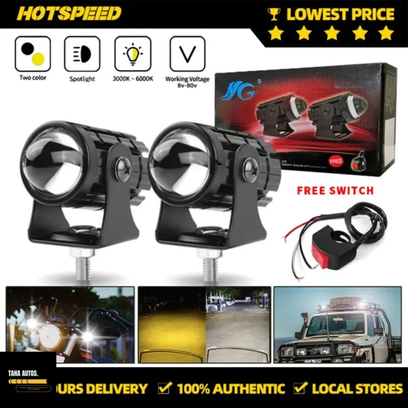 (2pcs) New Mini 20W Fog Lights with Free Button – Dual Function White & Yellow Lens Projector Auxiliary Lights for Motorcycles, Cars & Jeeps