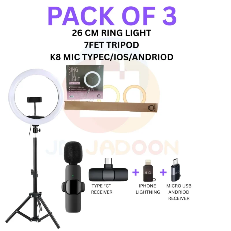 26CM Selfie LED Ring Light with 7ft Tripod Stand & Wireless Mic – 3 Modes Dimmable Vlogging & Photography Light