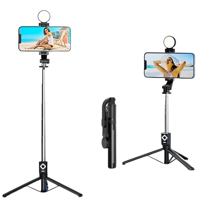 NEW B11S/BT12S Rechargeable Selfie Stick Tripod with Light – Foldable Bluetooth Stand for Vlogging & Travel