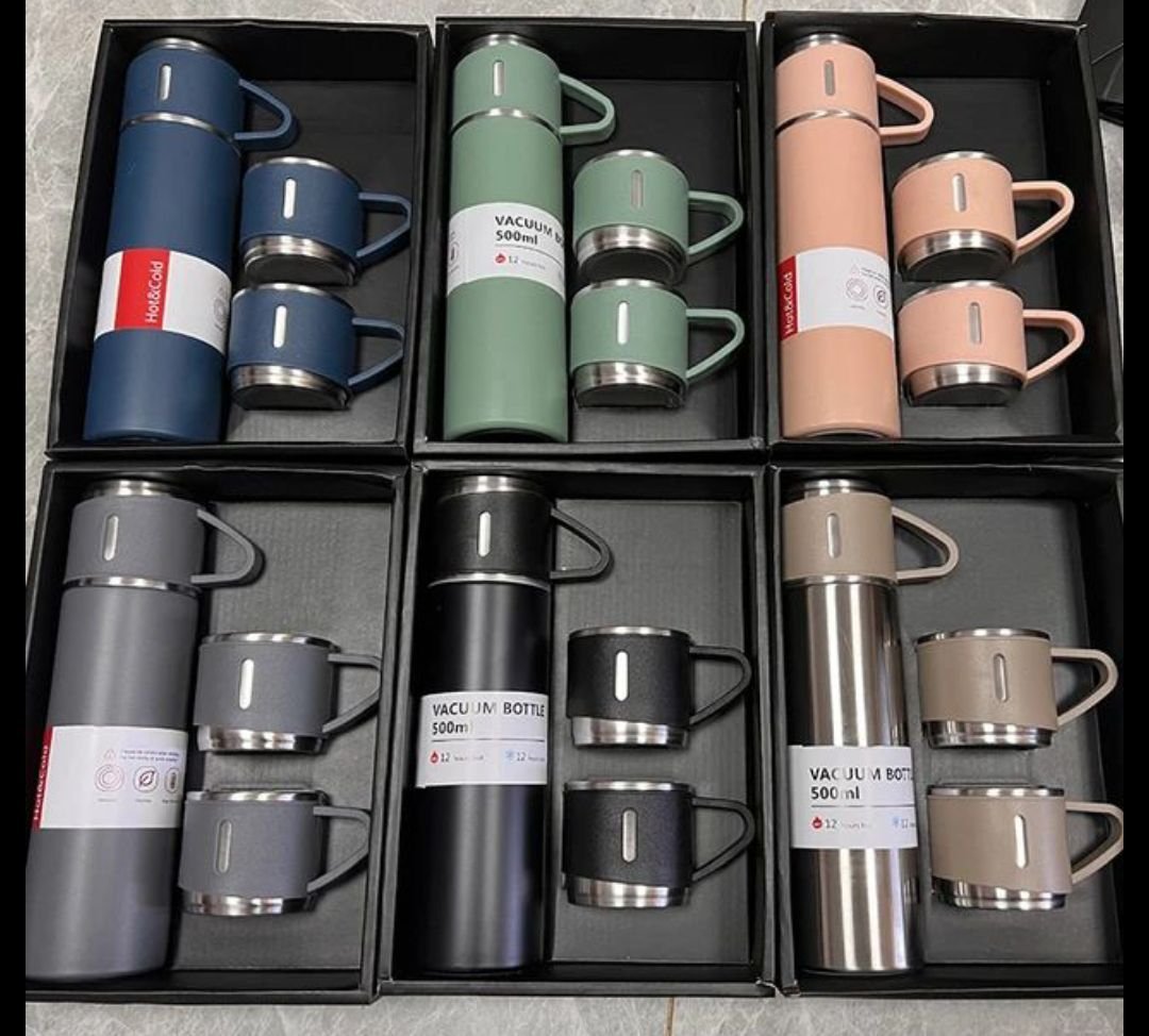 Stainless Steel Vacuum Insulated Thermos 500ml (3pcs Set) | Hot & Cold Water Bottle with 2 Extra Cups | Travel Coffee Thermal Flask Gift Kit - Image 5