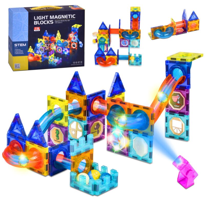 75pcs Magnetic Tiles Building Blocks Set with Lights | 3D Magnetic Marble Run Toy | STEM Educational Construction Set for Kids Age 3+-TY01