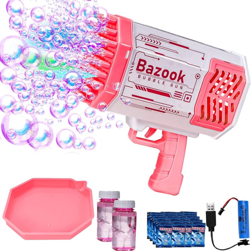 69 Holes Bazooka Bubble Gun Machine with LED Lights – Rechargeable Big Rocket Bubble Blower with 2 Bubble Liquid Bottles-TY01