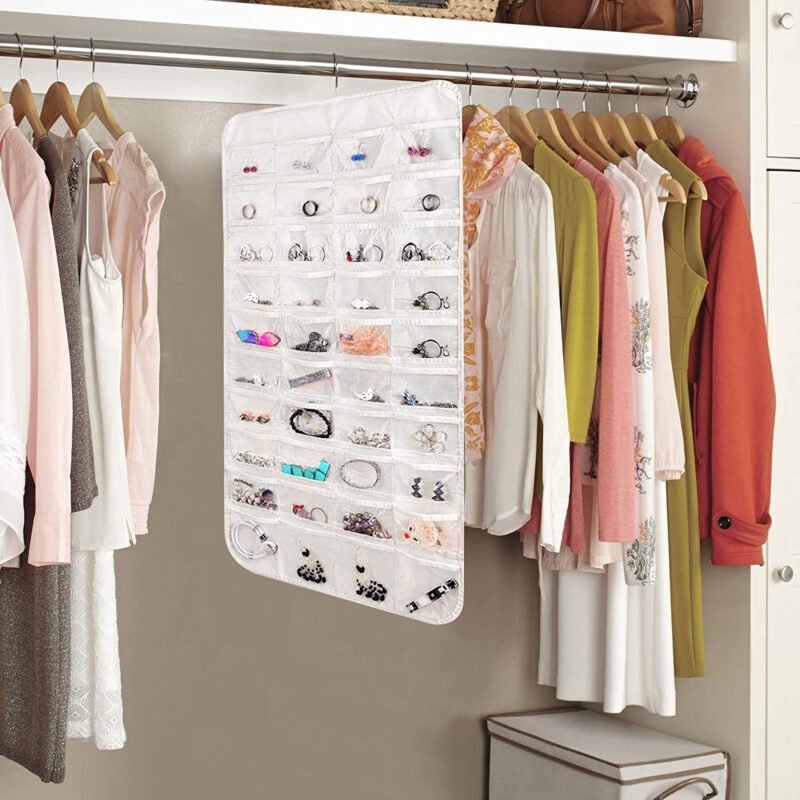 80 Pocket Jewelry Organizer – Double-Sided Hanging Closet Storage with Hanger | Necklace, Bracelet, Ring & Earring Organizer