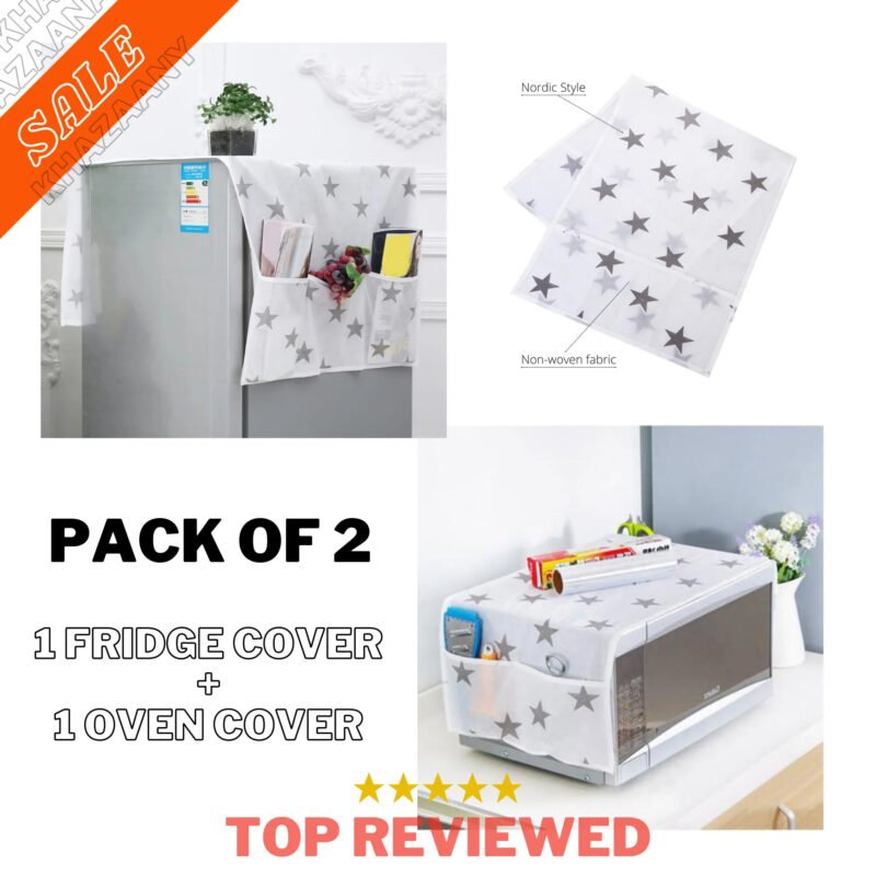 Pack of 2 Microwave Dust Covers with Fridge Cover & Side Pockets Organizer – Kitchen Appliance Protective Covers