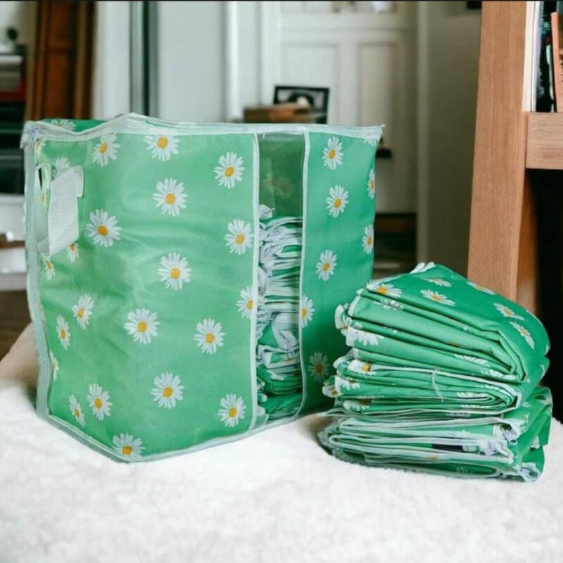 Foldable Flowers Printed Quilt & Clothing Organizer Bags | Anti-Bacterial Fabric Storage Bags with Zipper & Handles