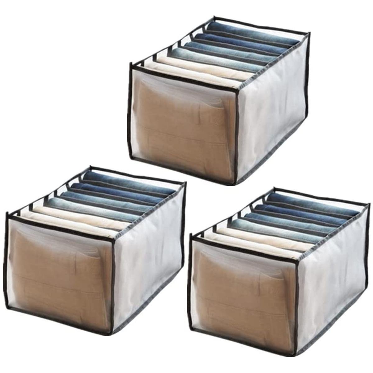 3PCS 7 Grids Washable Wardrobe Clothes Organizer – Jeans Storage Box, Foldable Closet Drawer Divider, Mesh Separation Box (Medium, White & Black)