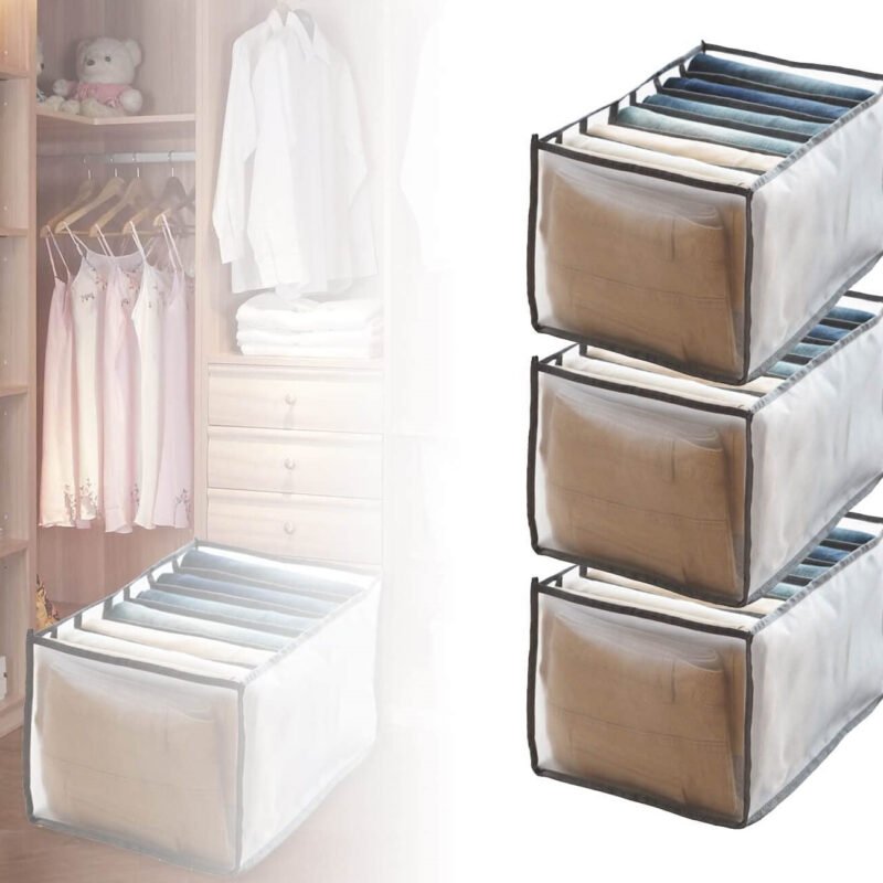 3PCS 7 Grids Washable Wardrobe Clothes Organizer – Foldable Jeans & Clothes Storage Box, Drawer Mesh Divider (Medium, White & Black)