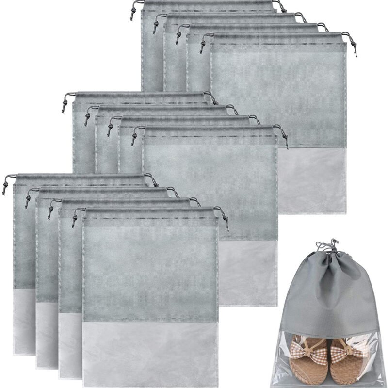 Pack of 12 Travel Shoe Storage Bags | Non-Woven Shoes Organizer with Clear Window & PVC Dustproof Pouch
