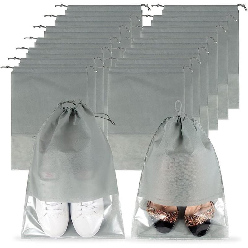 Pack of 12 Travel Shoe Storage Bags – Non-Woven Shoe Organizer with Clear PVC Window, Dustproof & Portable