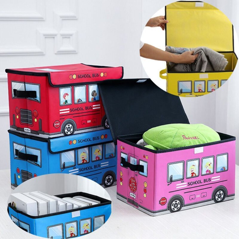 Bus Design Folding Storage Bins – Kids Toys Organizer, Quilt Basket, Foldable Cabinet & Wardrobe Storage Boxes