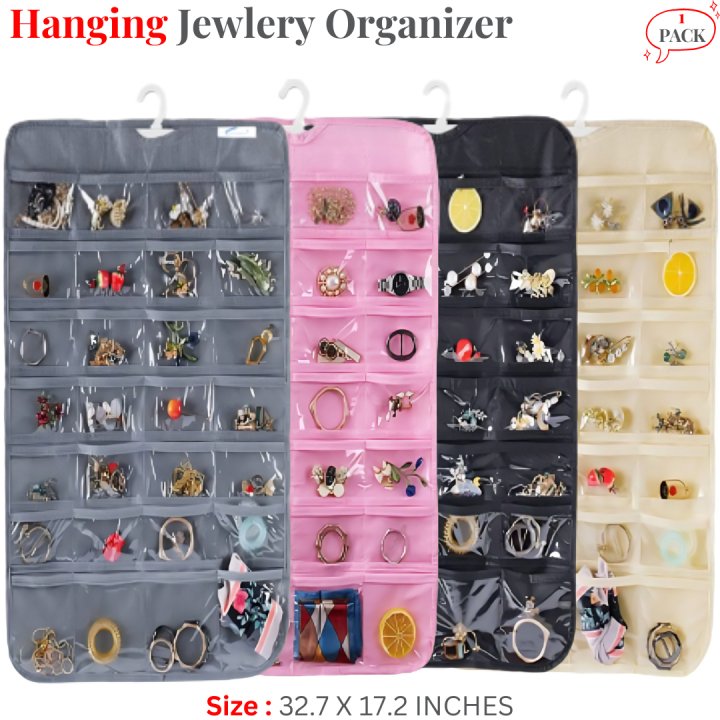 Hanging Jewelry Organizer – 80 Pocket Fabric Storage Bag for Necklace, Bracelet, Earrings & Rings