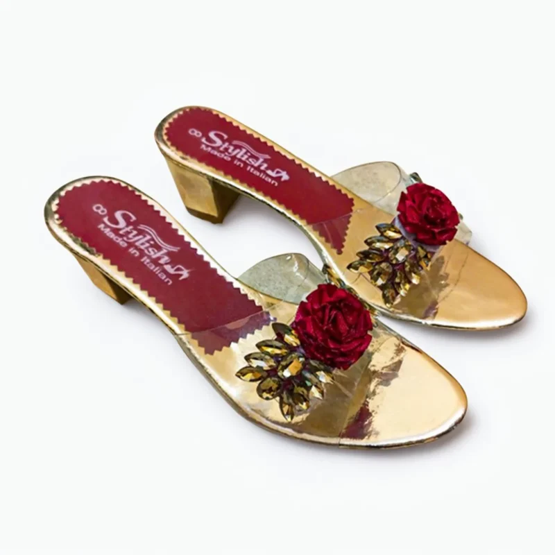 Al Quddus Collections Ladies Fancy Sandals – Golden Sheet with Crystal Leafs & Flower (HSP001T)
