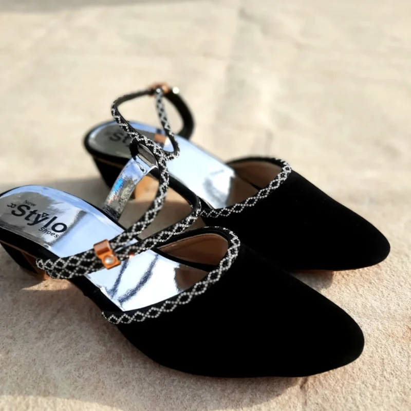 Al Quddus Velvet Heel Sandals for Women – Party Wear with Sparkle Lace Strap