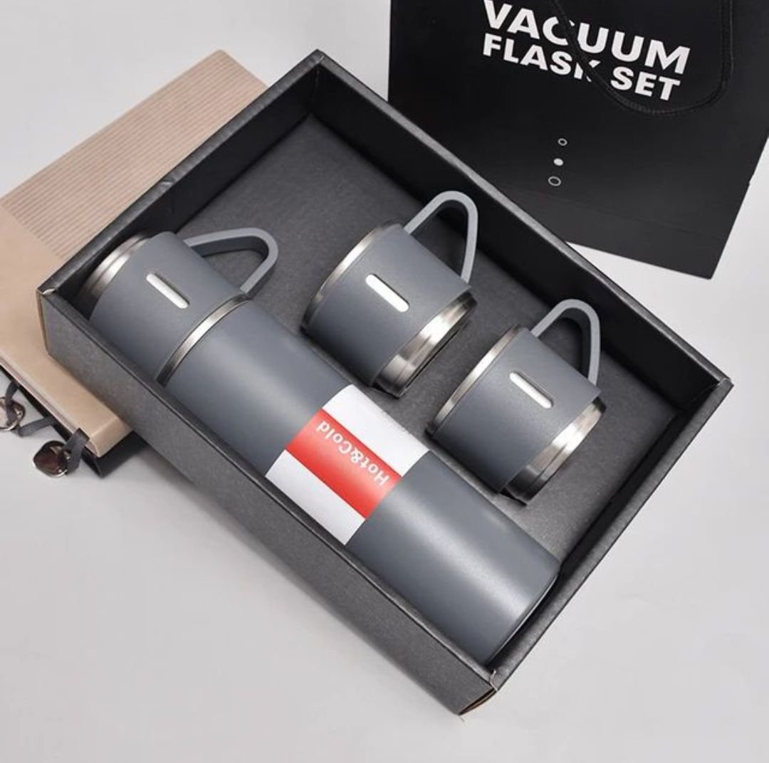 Stainless Steel Vacuum Insulated Thermos 500ml (3pcs Set) | Hot & Cold Water Bottle with 2 Extra Cups | Travel Coffee Thermal Flask Gift Kit - Image 3