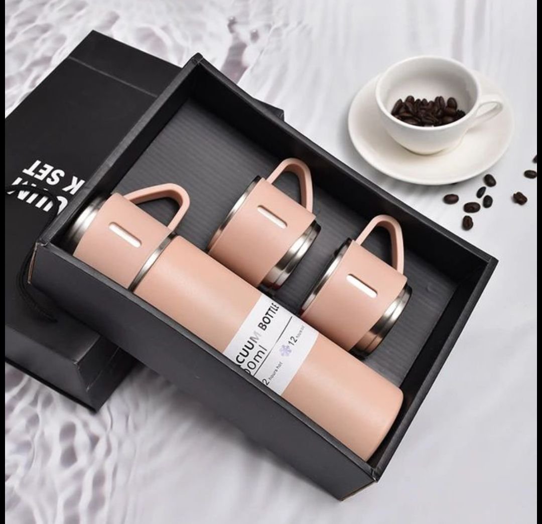 Stainless Steel Vacuum Insulated Thermos 500ml (3pcs Set) | Hot & Cold Water Bottle with 2 Extra Cups | Travel Coffee Thermal Flask Gift Kit - Image 2