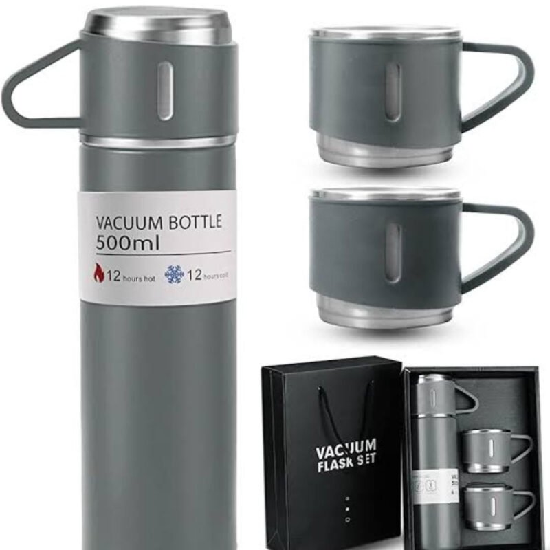 Stainless Steel Vacuum Insulated Thermos 500ml (3pcs Set) | Hot & Cold Water Bottle with 2 Extra Cups | Travel Coffee Thermal Flask Gift Kit