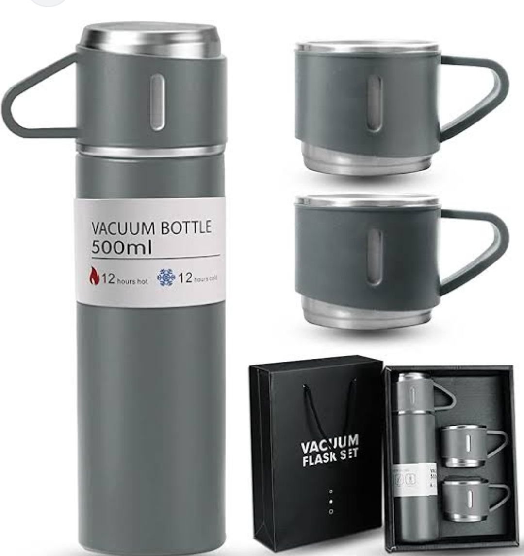Stainless Steel Vacuum Insulated Thermos 500ml (3pcs Set) | Hot & Cold Water Bottle with 2 Extra Cups | Travel Coffee Thermal Flask Gift Kit