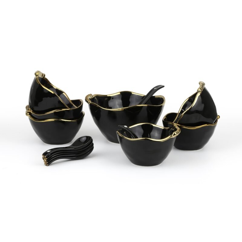 Elegant Ceramic Bowl Set with Gold Trim – 6 Bowls, 6 Spoons, 1 Large Serving Bowl & Spoon | Luxury Dinnerware CK
