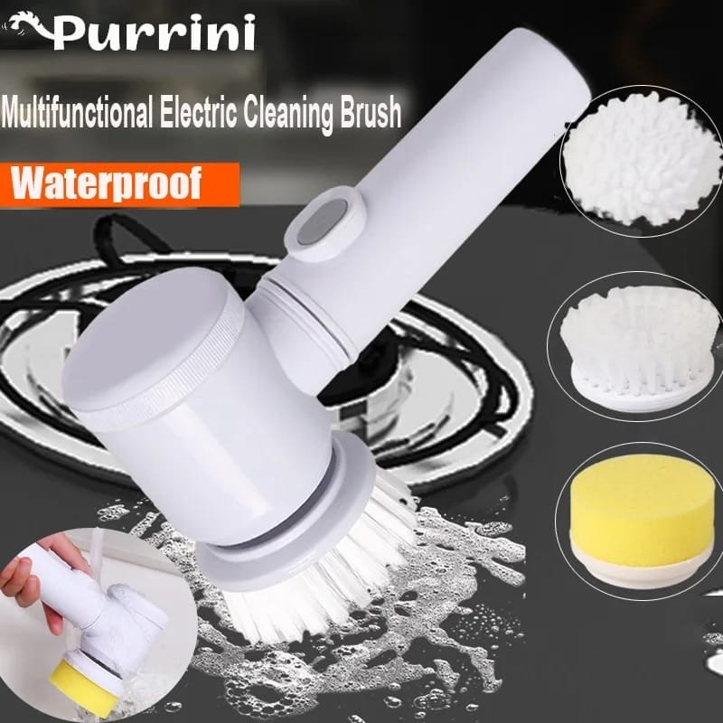 5-in-1 Rechargeable Magic Brush – Electric Handheld Scrubber with 3 Replaceable Heads | Car Waxing & Kitchen Cleaning Tool