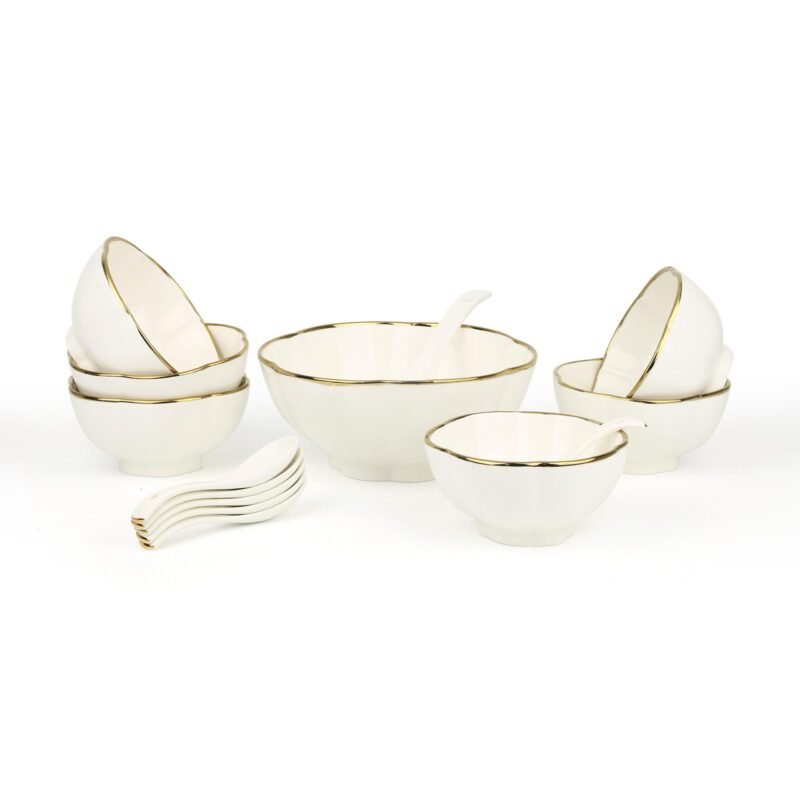Classic Footed Ceramic Bowl Set with Gold Rim – 6 Bowls, 6 Spoons, 1 Large Bowl & Spoon | Elegant Dinnerware CK