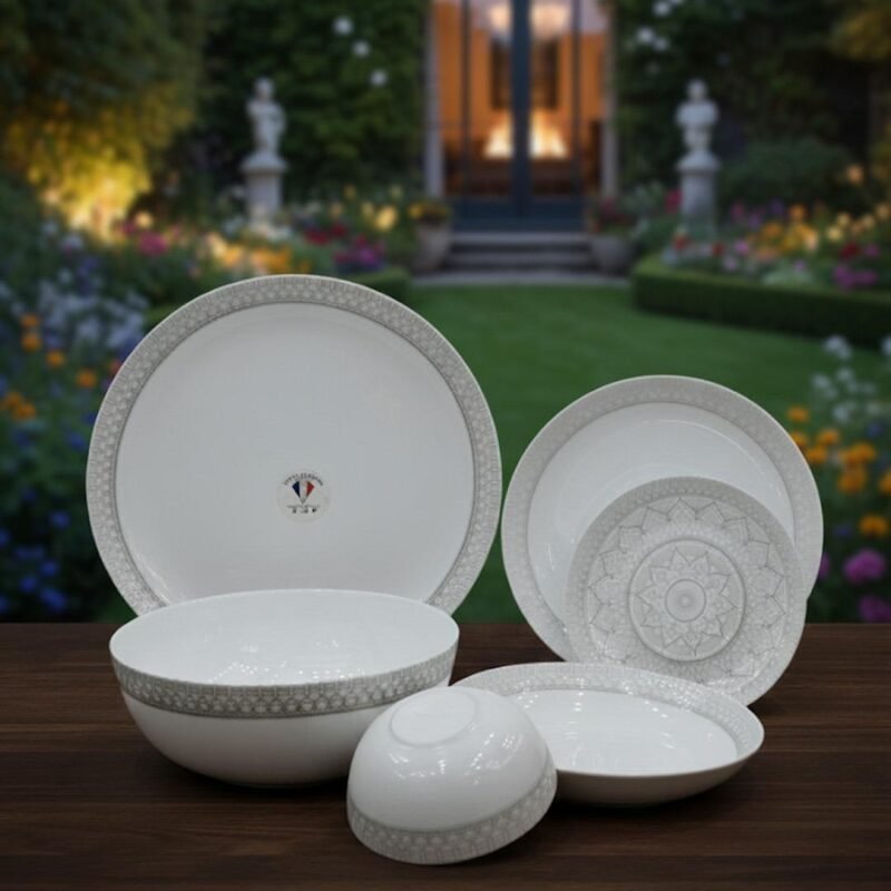 26-Piece Opalware Dinner Set with Elegant Grey Geometric Border – Modern Tableware for 6 | Durable & Stylish CK