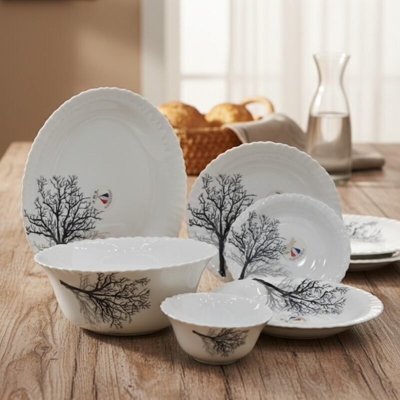 “Midnight Tree” 26-Piece Opalware Dinner Set – Bold, Minimal & Striking Tableware for Modern Dining CK