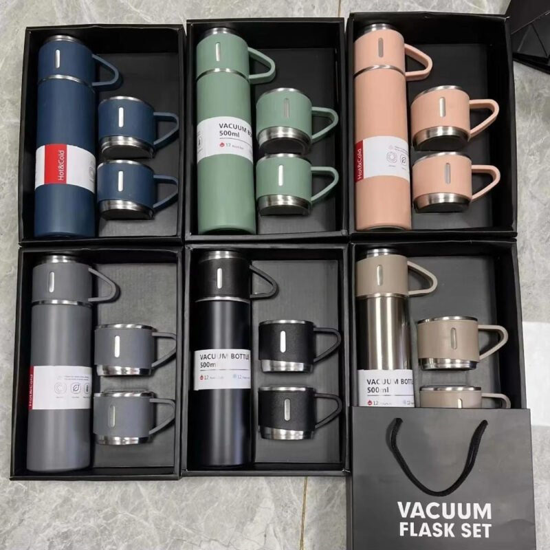 Vacuum Insulated Flask Set with 3 Cups – 500ml Stainless Steel Thermos Bottle | Hot & Cold Temperature Flask Gift Pack