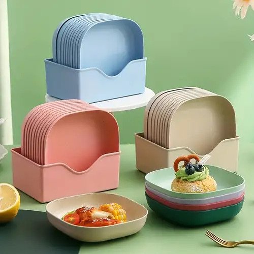 Pack of 10 Fancy Plastic Plates with Holding Stand – Reusable Plates Set for Indoor & Outdoor Events, Ramadan & Parties