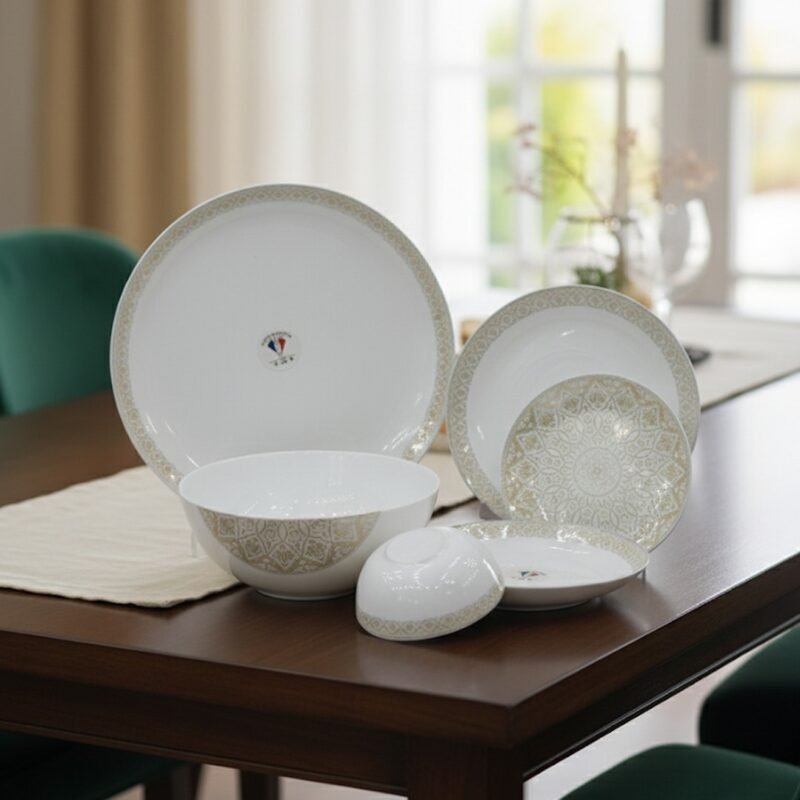 26-Piece Opalware Dinner Set with Elegant Golden/Silver Motif – Premium Dinnerware for 6 | Durable & Stylish CK