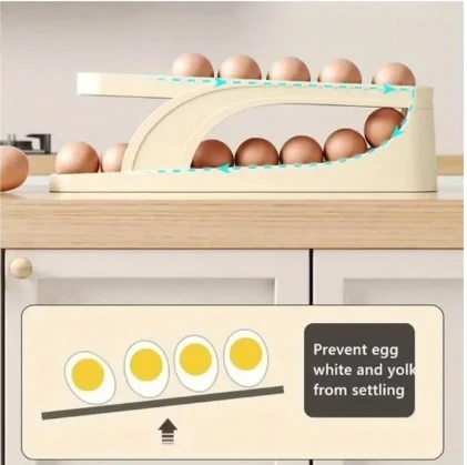 1pc Automatic Roll-On Egg Dispenser – 2-Tier Egg Storage Box for Refrigerator | Plastic Egg Basket | Fresh-Keeping Organizer Kitchen Storage Accessories