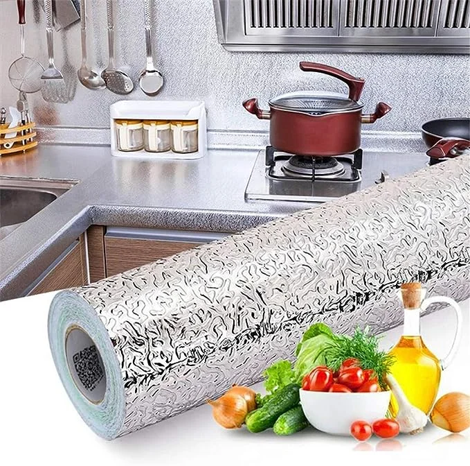 Kitchen Oil Proof Stickers | Waterproof Aluminum Foil Stickers | Self Adhesive Peel & Stick Kitchen Wallpaper Roll (Silver, 60x200cm)