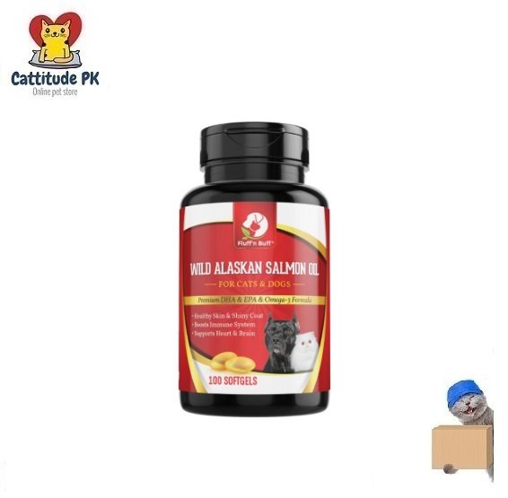 Fluff n Buff Wild Alaskan Salmon Oil for Pets Cats & Dogs – 100 Soft Gels – Omega 3, 6 & 9 Supplement for Healthy Skin, Coat & Joints