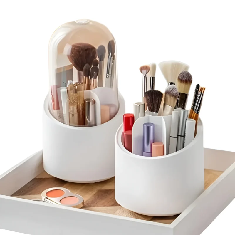360° Rotating Makeup Brush Organizer Box | Transparent Dust-Proof Cosmetic Storage Holder with 7 Slots for Vanity & Dressing Table