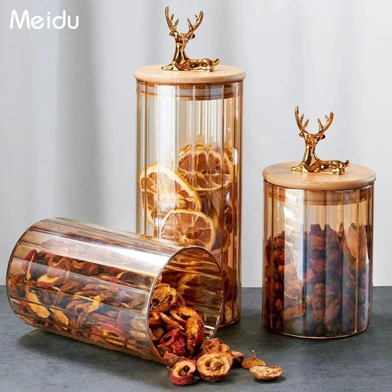 Deer Head Striped Glass Jar Set | High Borosilicate Airtight Storage Containers with Bamboo Lids | Kitchen & Home Decor Jars