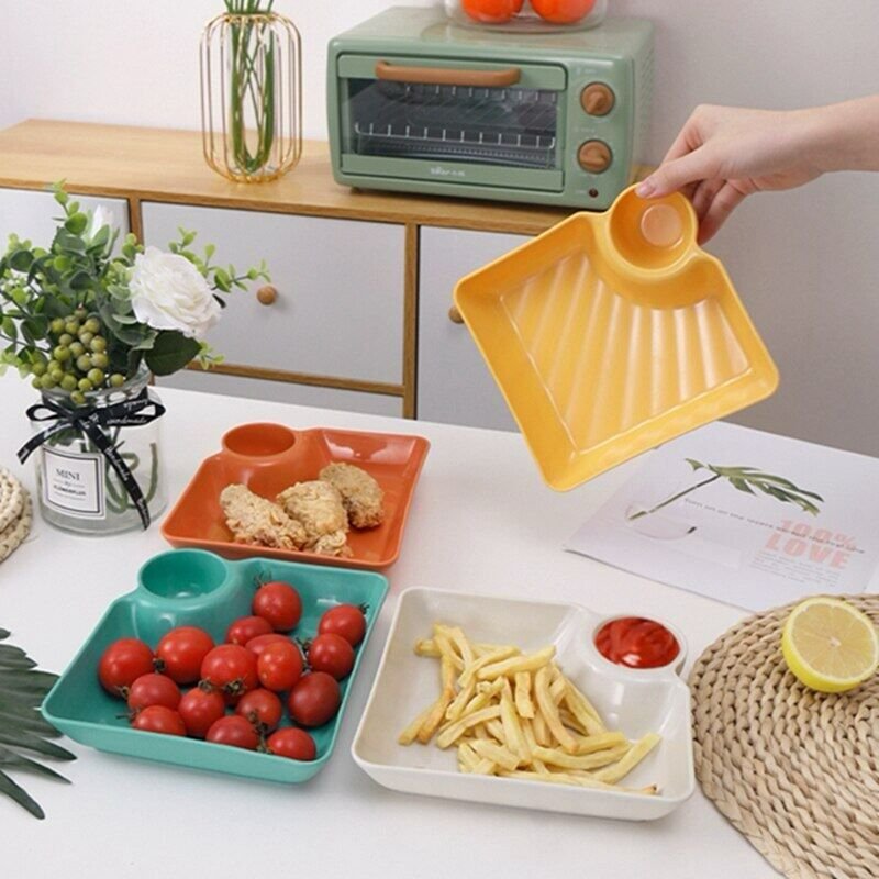 Pack of 4 Multipurpose Snacks & Fries Plates with Sauce Compartment | Dumpling & Snack Serving Tray (Random Colors)