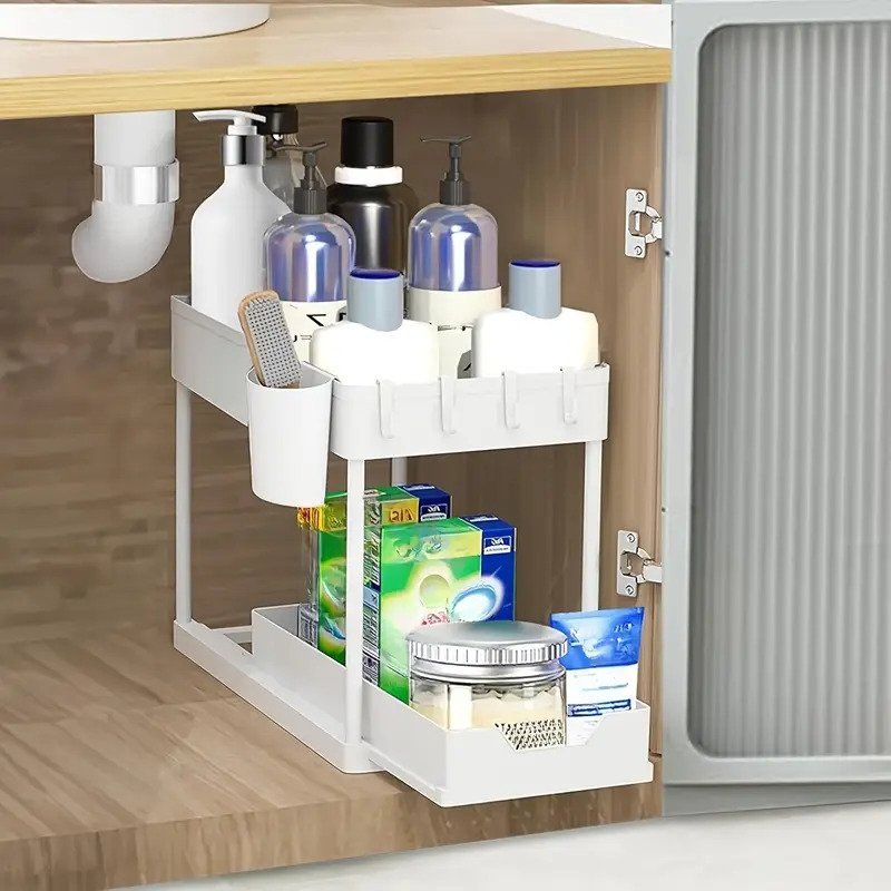 2 Tier Under Sink Organizer | Sliding Storage Rack Cabinet Basket | Bathroom & Kitchen Space Saver Shelf