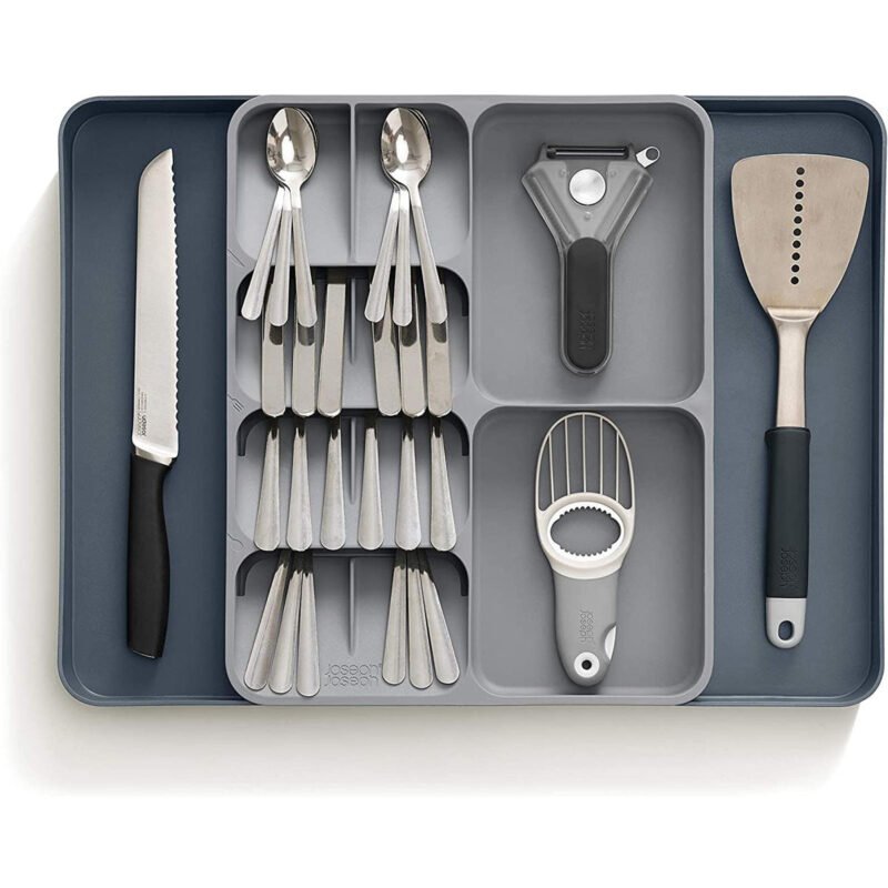 Expandable Kitchen Drawer Organizer Tray | Cutlery & Utensils Storage Organizer | Adjustable Compartments | Gray