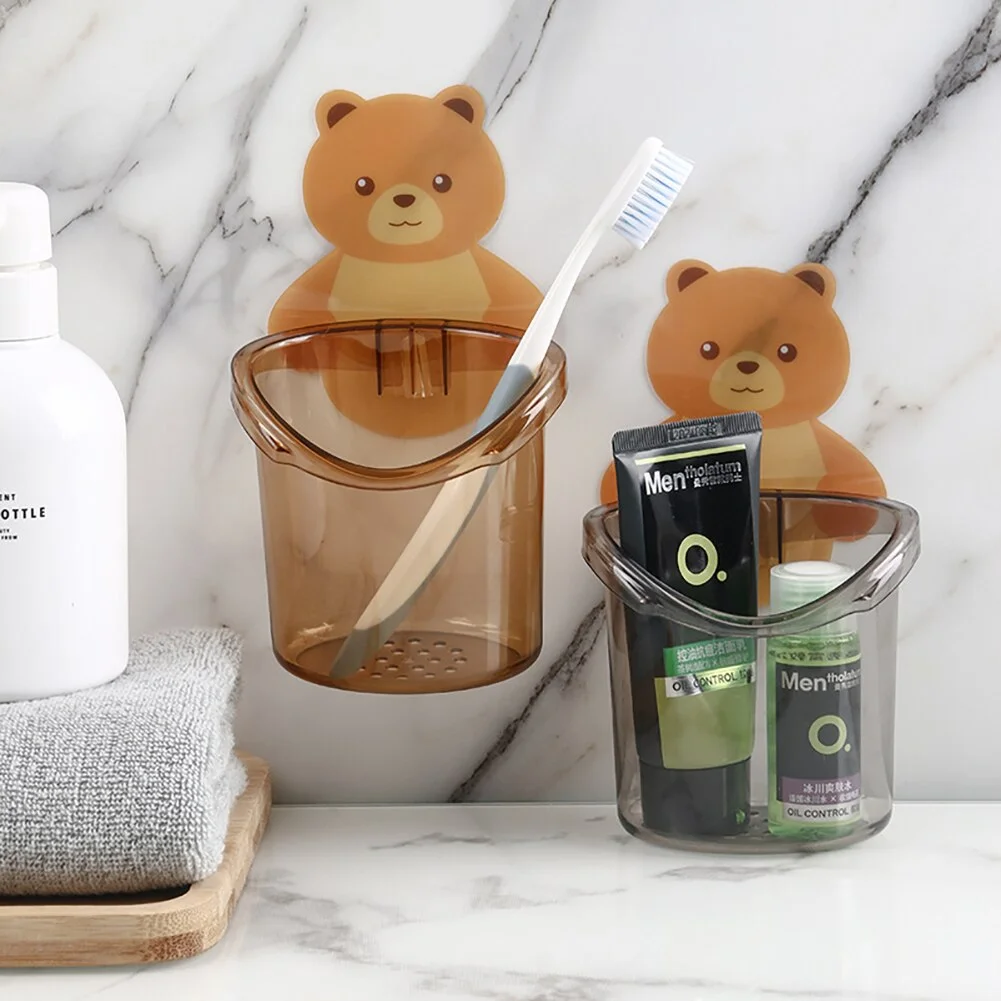 1PC Teddy Bear Wall-Mounted Toothbrush Holder with Cup | Punch-Free Bathroom Storage Rack – Cute Toothbrush Organizer for Kids & Adults