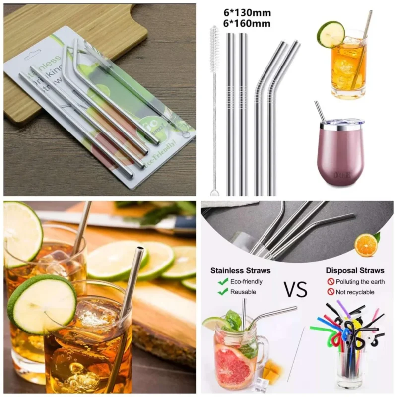 Pack of 5 Stainless Steel Straws with Cleaning Brush – Eco-Friendly Reusable Metal Drinking Straws for Home, Travel & Office