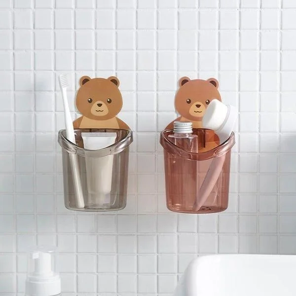 1PC Teddy Bear Wall-Mounted Toothbrush Holder with Cup | Punch-Free Bathroom Storage Rack – Cute Toothbrush Organizer for Kids & Adults - Image 4