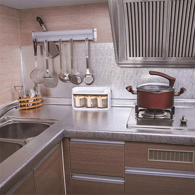 Kitchen Oil Proof Stickers | Waterproof Aluminum Foil Stickers | Self Adhesive Peel & Stick Kitchen Wallpaper Roll (Silver, 60x200cm) - Image 3