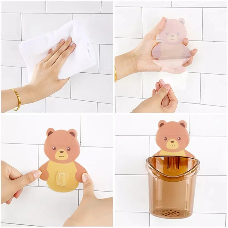 1PC Teddy Bear Wall-Mounted Toothbrush Holder with Cup | Punch-Free Bathroom Storage Rack – Cute Toothbrush Organizer for Kids & Adults - Image 3