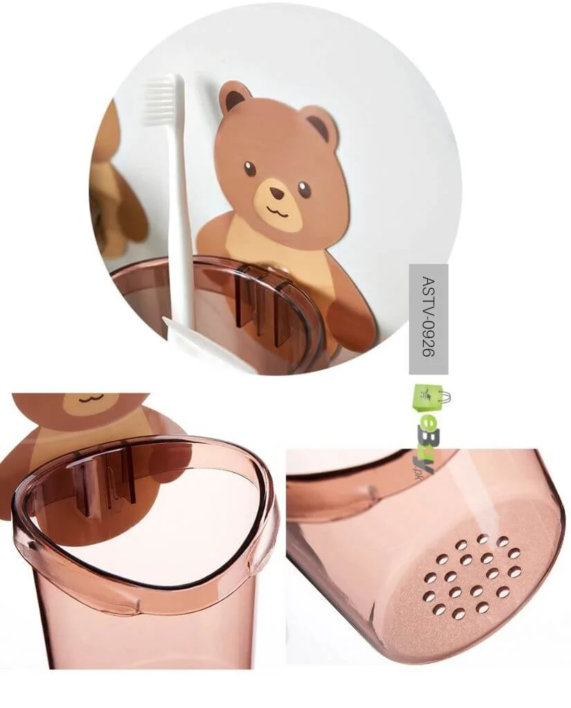 1PC Teddy Bear Wall-Mounted Toothbrush Holder with Cup | Punch-Free Bathroom Storage Rack – Cute Toothbrush Organizer for Kids & Adults - Image 2