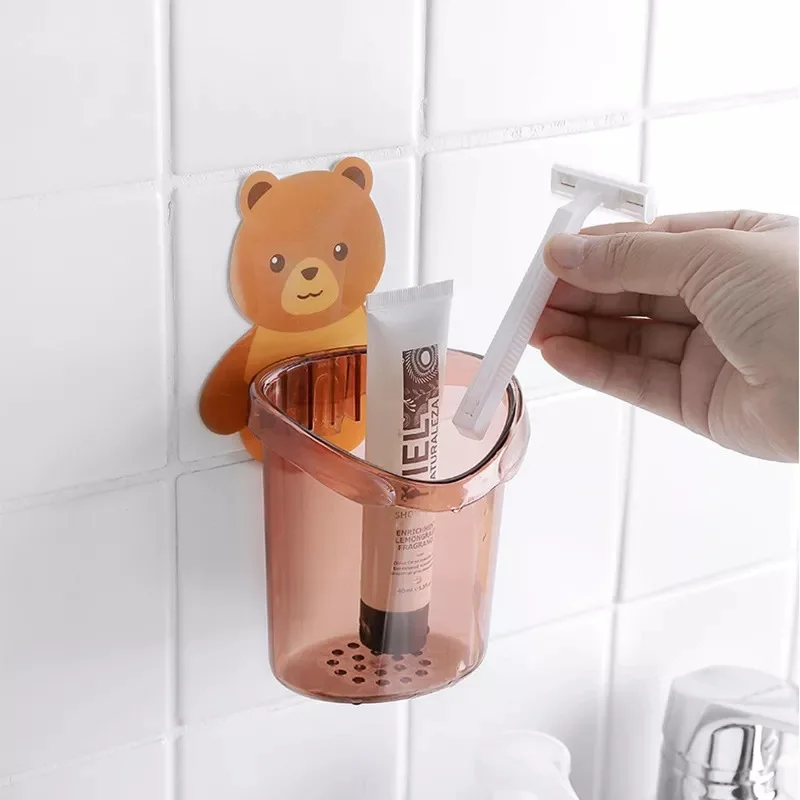 1PC Teddy Bear Wall-Mounted Toothbrush Holder with Cup | Punch-Free Bathroom Storage Rack – Cute Toothbrush Organizer for Kids & Adults - Image 6