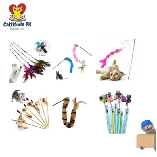 Cat Play Stick with Toy – Random Variety | Interactive Cat Teaser Stick with Bell, Spring, Fur & Plush Toys | Fun Exercise for Cats & Kittens