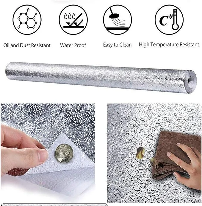 Kitchen Oil Proof Stickers | Waterproof Aluminum Foil Stickers | Self Adhesive Peel & Stick Kitchen Wallpaper Roll (Silver, 60x200cm) - Image 8