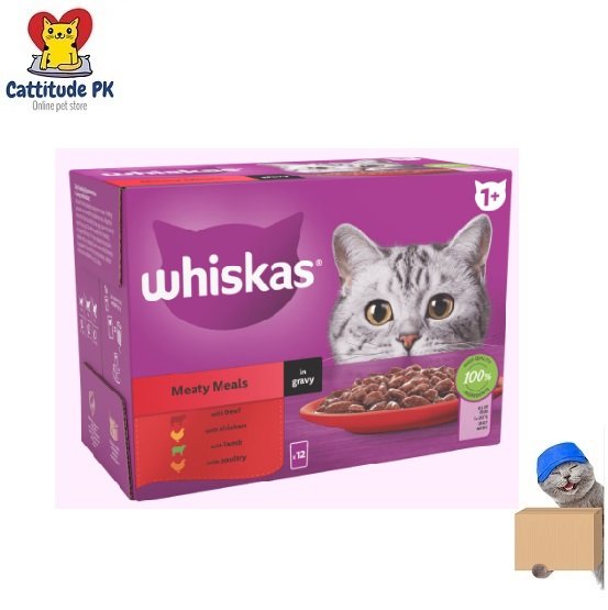 WHISKAS 1+ Adult Meaty Meals in Gravy – 85gm | Wet Cat Food Pouches | Delicious Meaty Flavor | Complete & Balanced Nutrition for Adult Cats