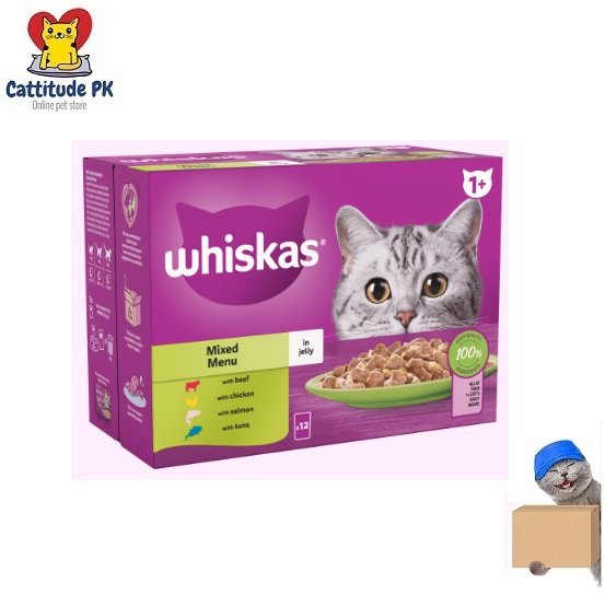 WHISKAS 1+ Adult Mixed Menu in Jelly – 85gm | Wet Cat Food Pouches | Complete & Balanced Nutrition | Delicious Mixed Meat Flavours for Adult Cats