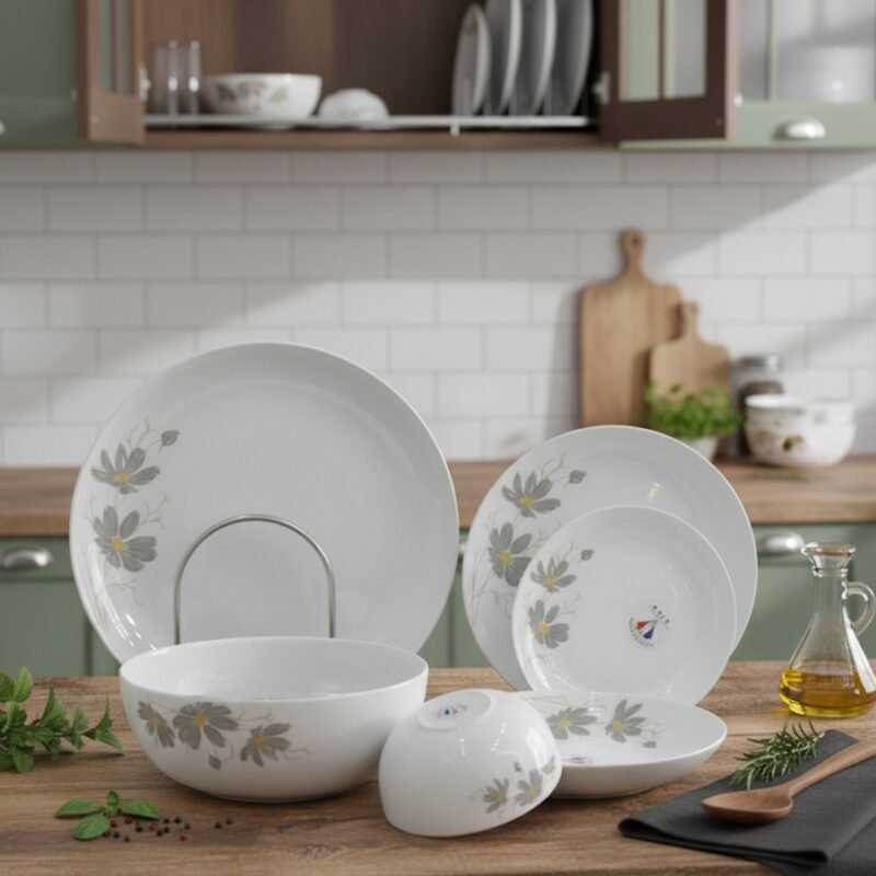 Elegant Grey Blossom Dinnerware Set – 26 Piece Opal Glass Dinner Set for Stylish Dining CK